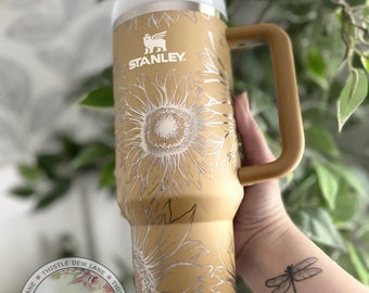 Stanley 40oz tumbler, NEW limited edition Stanley colors, Laser engraved Stanley, Flower tumbler, Sunflower travel mug, Custom Stanley cup