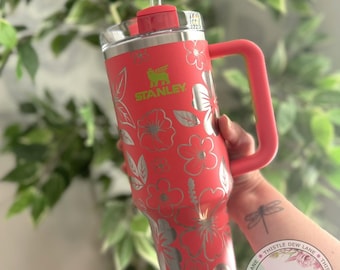 Laser Engraved Stanley Tumbler, Hibiscus Floral, Tropical Flower Mug