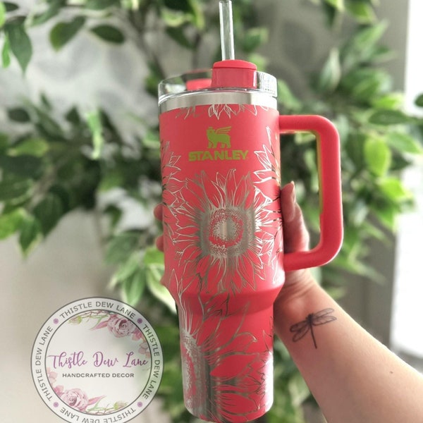 Laser Engraved Stanley Tumbler, Sunflower Floral Travel Mug
