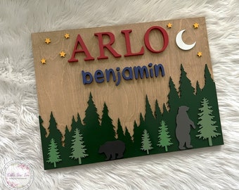 Custom Forest Name Sign, Woodland Nursery Decor, Treeline Bear