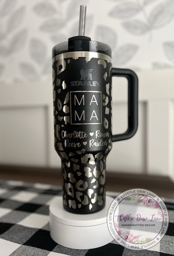 40 oz stainless steel tumbler with handle. Leopard Print-laser engraved  design
