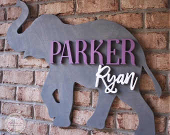Elephant Nursery Name Sign, Custom 3D Wood Sign