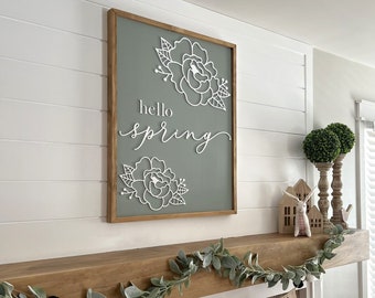 3D Hello Spring Sign, Floral Wood Wall Decor