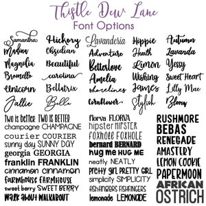 May include: A graphic image showing a variety of font styles for names. The fonts are displayed in columns with the name "Thistle Dew Lane" at the top.
