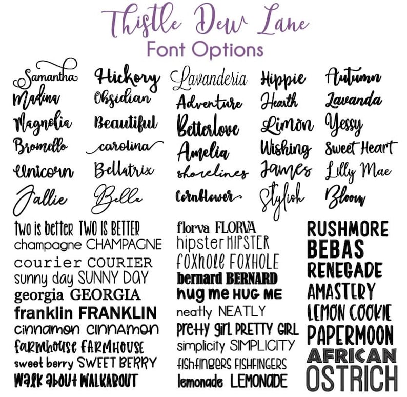May include: A graphic image showing a variety of font styles for names. The fonts are displayed in columns with the name "Thistle Dew Lane" at the top.