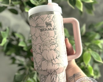 40oz tumbler, Custom 30oz tumbler, Peony Stanley, Laser engraved Stanley, Floral tumbler, Flower Stanley, Bridal gift, Mother's Day Gift