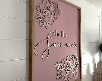 3D Hello Summer Wood Sign, Floral Summer Decor