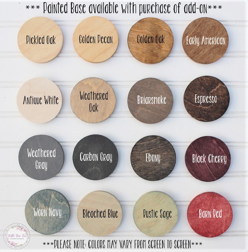 May include: A chart of 16 different wood stain colors, including Pickled Oak, Golden Pecan, Golden Oak, Early American, Antique White, Weathered Oak, Briarsmoke, Espresso, Weathered Gray, Carbon Gray, Ebony, Black Cherry, Worn Navy, Bleached Blue, Rustic Sage, and Barn Red. The text "PLEASE NOTE: COLORS MAY VARY FROM SCREEN TO SCREEN" is at the bottom of the chart.