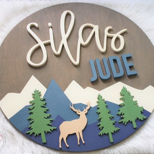 Mountain Scene Name Sign, Woodland Nursery theme, Round 3D Nursery Name Sign, Custom Name Sign, Kids Bedroom Decor, nursery decor