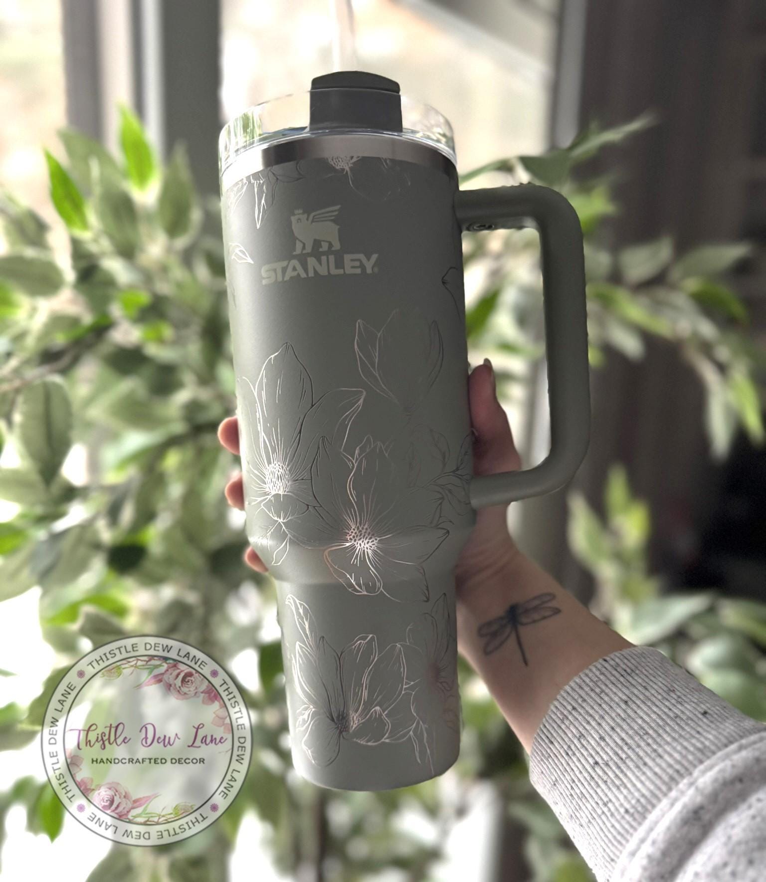 Laser Engraved Magnolia Flower Stanley Tumbler, Custom 30oz 40oz