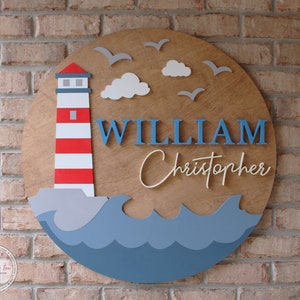 Lighthouse Theme Name Sign, Nautical Nursery theme, Round 3D Nursery Name Sign, Custom Name Sign, Kids Bedroom Decor, Forest nursery decor