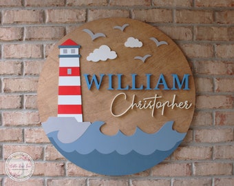 Lighthouse Theme Name Sign, Nautical Nursery theme, Round 3D Nursery Name Sign, Custom Name Sign, Kids Bedroom Decor, Forest nursery decor