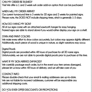 May include: Frequently asked questions about Thistle Dew Lane, a business that makes custom signs. The text includes information about rush orders, turnaround times, hanging methods, stain and paint colors, digital proofs, damaged orders, contact information, and discounts and promotions. The text also includes links to the business's Facebook and Instagram pages.