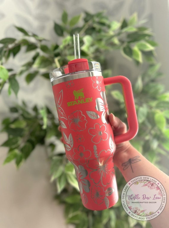 Laser Engraved Stanley Tumbler, Hibiscus Floral, Tropical Flower