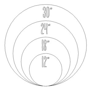 May include: A diagram showing four concentric circles with diameters of 12 inches, 18 inches, 24 inches, and 30 inches.