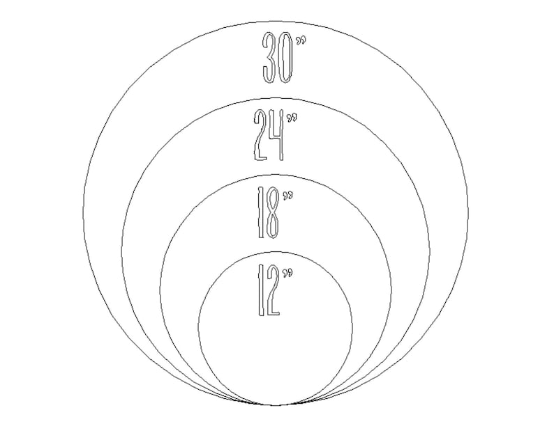 May include: A diagram showing four concentric circles with diameters of 12 inches, 18 inches, 24 inches, and 30 inches.