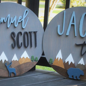Mountain Scene Name Sign, Woodland nursery theme, Round 3D Nursery Name Sign, Custom Name Sign, Kids Bedroom Decor, nursery decor