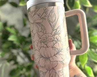Laser Engraved Peony Tumbler: Personalized Floral Cup, Bridal Gift, 40oz