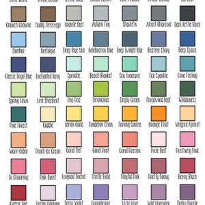 May include: A chart of 48 paint color swatches with names like "Ultra White", "Divine Cream", "Thistle Seed", "Bread Basket", "Pale Powder", "Amber Sienna", "Fall Leaf", "Crunch Granola", "Muddy Mississippi", "Granite Dust", "Autumn Fog", "Sharkfin", "Almost Charcoal", "Dark Kettle Black", "Slumber", "Nostalgia", "Deep Blue Sea", "Celebration Blue", "Deep Twilight Blue", "Bedtime Story", "Deep Space", "Classic Royal Blue", "Enchanted Navy", "Sprinkle", "Beach Blanket", "Sea Treasure", "Sea Sparkle", "Gone Fishing", "Spring Lawn", "Lime Sherbert", "Pea Pod", "Limolicious", "Simply Green", "Mixedwood Leaf", "Wilderness", "Pine Forest", "Cuddle", "Lemon Curd", "Dandelion Chain", "Morning Sunrise", "Orange Fruit", "Whipped Apricot", "Warm Cider", "Peach Ice Cream", "Coral Mist", "Coral Reef", "Coral Passion", "Pixie Dust", "Positively Pink", "So Charming", "Pink Burst", "Fragrant Orchid", "Thistle Field", "Playful Pink", "Pretty Peony", "Berry Blush", "Classic Red", "Easter Morning", "Sassy Violet", "Gropolicious", "La La Love", "Wild Lavender", "Dusky Purple", "Metallic Gold", "Metallic Silver", "Metallic Rose Gold". The chart has the text "Paint Options" at the top and "Please note, colors may vary from screen to screen" at the bottom.