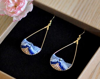Blue and Gold Statement Art Deco Dangle Earrings - Teardrop Hoop