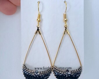 Statement Black and Gold Seed Bead Teardrop Earrings in Art Deco Style