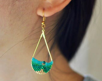 Statement Green and Gold Teardrop Dangle Earrings in Art Deco Style