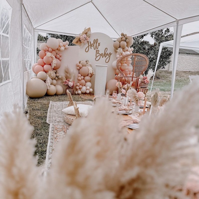 May include: A baby shower party setup with a white backdrop decorated with balloons, pampas grass, and a sign that says "Hello Baby".