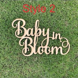 Op de afbeelding: Een houten bord met de tekst "Baby in Bloom" in een cursief schrift. Het bord ligt op een groene gras achtergrond. Style 2.