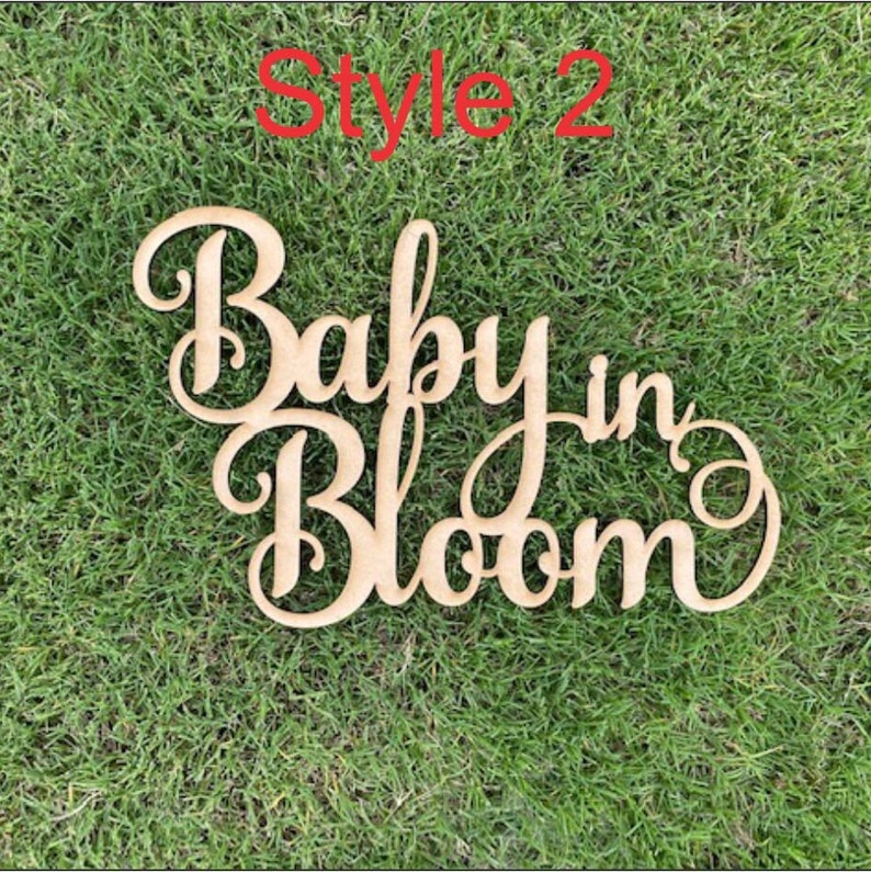 Op de afbeelding: Een houten bord met de tekst "Baby in Bloom" in een cursief schrift. Het bord ligt op een groene gras achtergrond. Style 2.