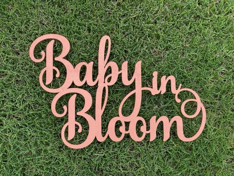 Op de afbeelding: Een houten bord met de woorden "Baby in Bloom" in een cursief schrift. Het bord is in een lichtroze kleur geverfd.