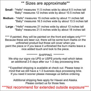 May include: A text-based image showing the different sizes and dimensions of wooden signs. The signs are available in three sizes: small, medium, and large. The image also includes information about shipping and the fact that the signs are laser cut, which may result in burn marks.