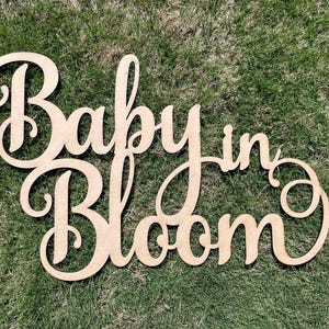 Op de afbeelding: Een houten bord met de tekst "Baby in Bloom" in een cursief schrift. Het bord is lichtbruin geverfd en ligt op een groene grasmat.