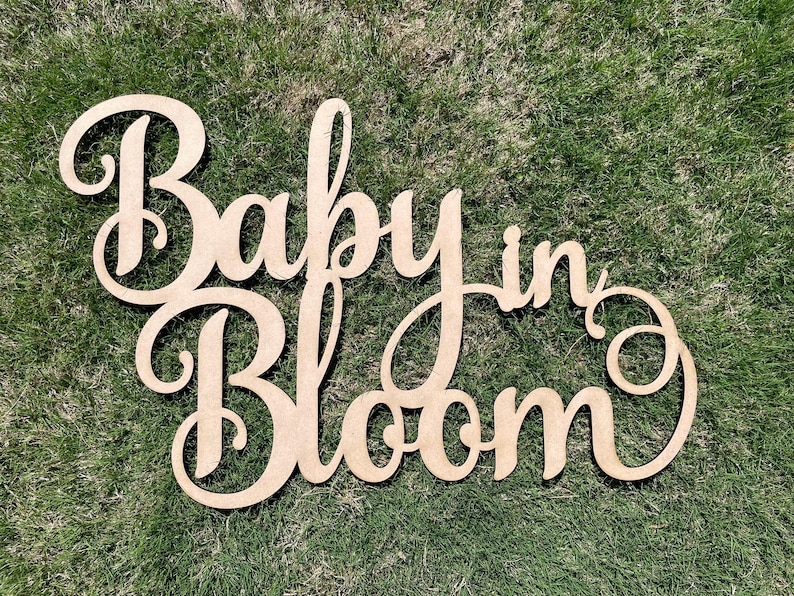 Op de afbeelding: Een houten bord met de tekst "Baby in Bloom" in een cursief schrift. Het bord is lichtbruin geverfd en ligt op een groene grasmat.