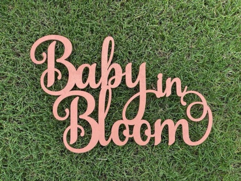 May include: A wooden sign with the words "Baby in Bloom" written in a cursive font. The sign is painted a light pink color and is sitting on a bed of green grass.