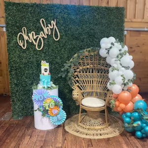 May include: A baby shower backdrop with a green artificial grass wall, a wooden sign that says "Oh Baby", a white wicker peacock chair, and a white cake stand with a blue and white cake. There are also blue, green, and orange balloons.