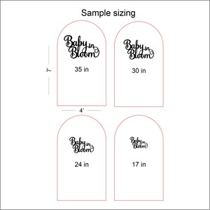 May include: Four different sizes of a Baby in Bloom sign. The sign is a black cursive font with a floral design. The sizes are 35 inches, 30 inches, 24 inches, and 17 inches.