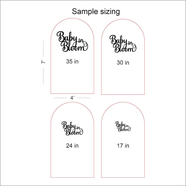 May include: Four different sizes of a Baby in Bloom sign. The sign is a black cursive font with a floral design. The sizes are 35 inches, 30 inches, 24 inches, and 17 inches.