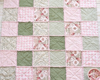 Ręcznie robiona różowo-zielona kołdra szmaciana 56X66 cali