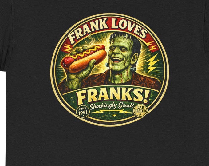 Frankenstein Hot Dog T-Shirt, Retro Horror Humor Tee, Vintage Style Graphic