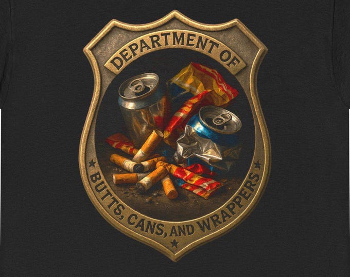 Funny Fictional Badge / Department of Butts, Cans & Wrappers / Trash Humor Shield Emblem | Photorealistic