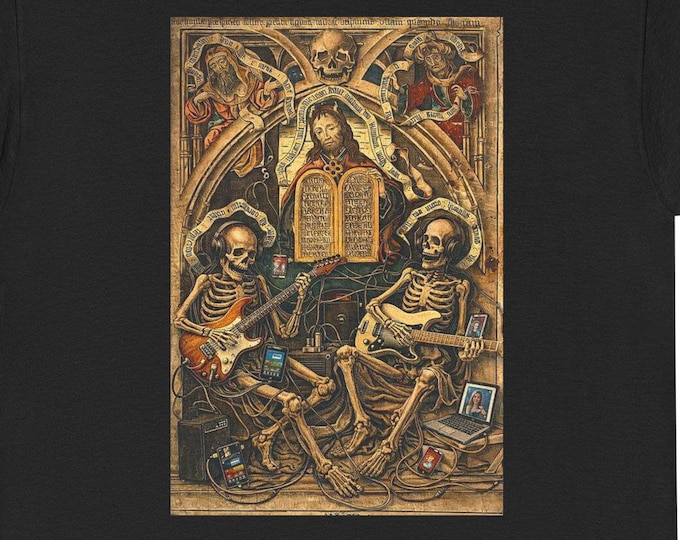 Medieval Death Guitar Tee | Danse Macabre Skeletons' Rocking the Tunes Art, Vintage Gothic Illustration