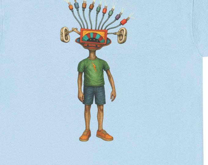 Wired Electric Head Character T-Shirt /Retro Tech Art / Quirky Artist / Colorful Plug-Head Illustration Tee / Graphic Shirt for Creatives