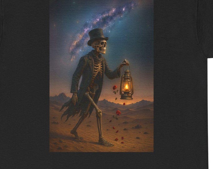Skeleton & Lantern T Shirt / The Dead walk at night scattering roses to the deadheads