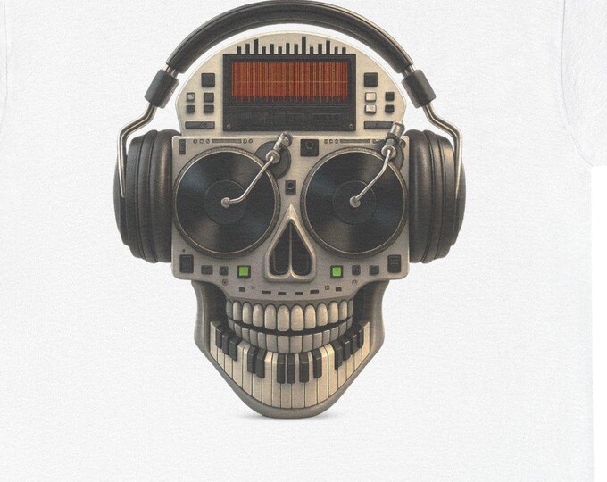 Skull Electronic Tee with Turntables Keyboard Teeth DJ Headphones