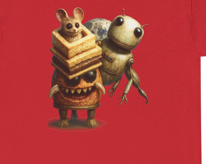 Whimsical Creature Trio T-Shirt, Robot Mouse Monster Illustration
