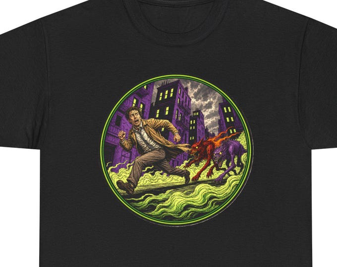 Retro Horror T-Shirt, Neon City Nightmare Graphic Tee, Vintage Comic Style Streetwear