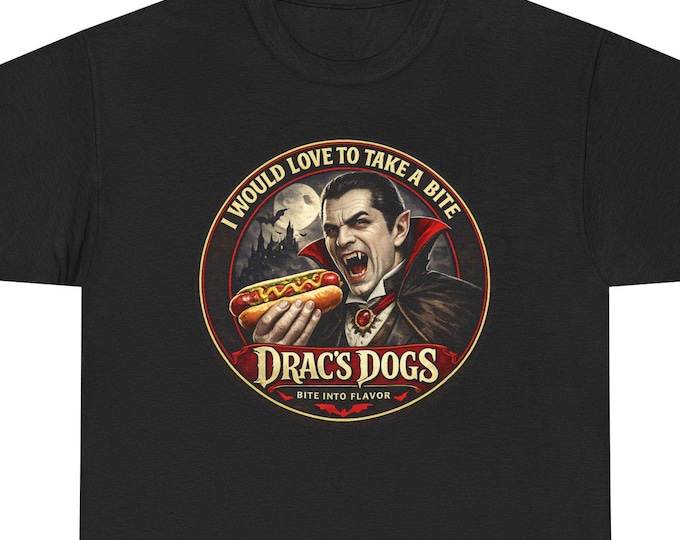 Drac's Dogs Vampire Hot Dog Tee | Retro Horror Food Logo