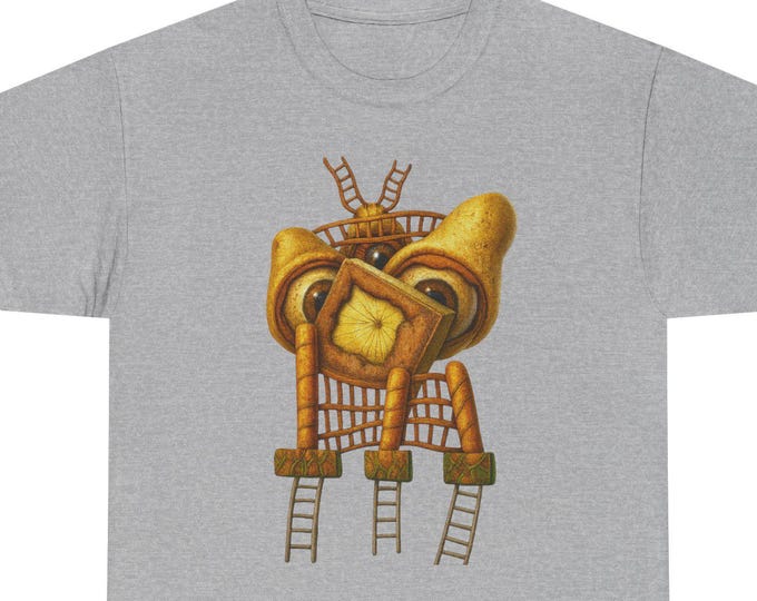 Surreal Golden Watcher T-Shirt – Abstract Mechanical Creature Art – Vintage Textured Oddity – Unique Statement Tee