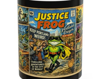 Justice Frog Portland Mug, Retro Comic Book Coffee Cup, Keep Portland Weird, Oregon Gift