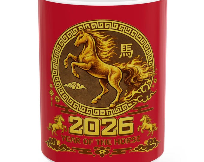 2026 Year of the Horse Mug, Red Gold Chinese Zodiac Ceramic Cup